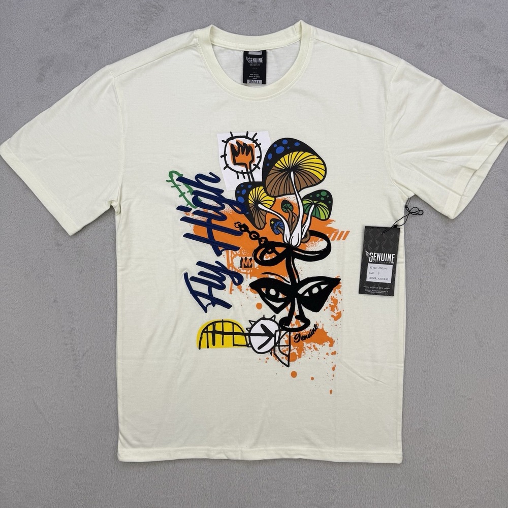 Genuine Authentic T Shirt Men Small Fly High Natural Mushroom Graphic Streetwear
